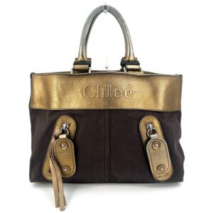 Chloe Tote Shoulder Bag Leather Canvas Brown Gold Logo Designer Bags