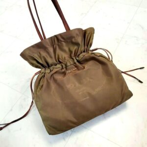 Prada Tote Bag Hand bag Drawstring Nylon Leather Khaki Embroidered Logo Women