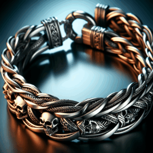 Mens Stainless Steel Two-strand Braided Byzantine Chain Bracelet with Skulls and Spring Ring Clasp