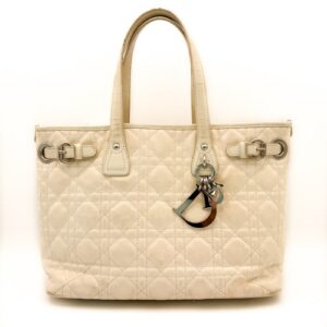 Christian Dior Panarea Cannage Coated Canvas Tote Bag hand bag Ivory Authentic