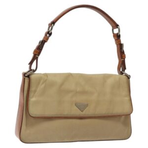 PRADA Shoulder Bag Nylon Beige Silver Auth 127381
