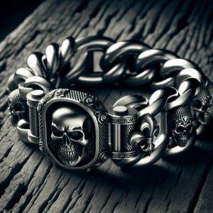 Mens Large Stainless Steel Curb Chain Bracelet with Fleur De Lis and Skull, Polished, Biker Gothic(CA) Mens Large Stainless Steel Curb Chain Bracelet with Fleur De Lis and Skull, Polished, Biker Gothic(CA)