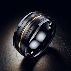 King Will NATURE Mens 8mm Black Tungsten Carbide Wedding Ring Black and Gold Foils Inlay Beveled Edge Polished Finish Wedding Band