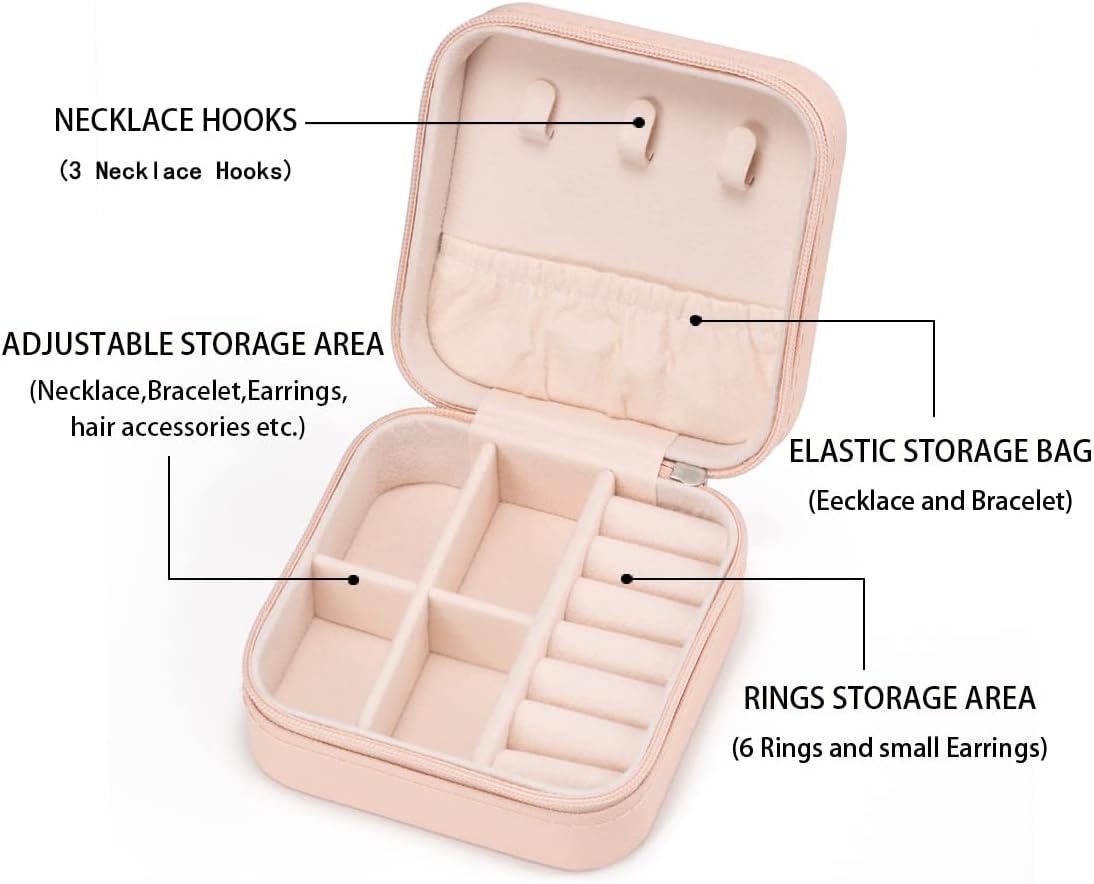 Mini Jewelry Travel Case,Small Jewelry Box,Traveling Jewelry Organizer,Portable Jewellery Storage Holder for Rings Earrings Necklace Bracelet Bangle Organizer,Boxes Gifts for Girls Women(PU-Pink) - Image 4