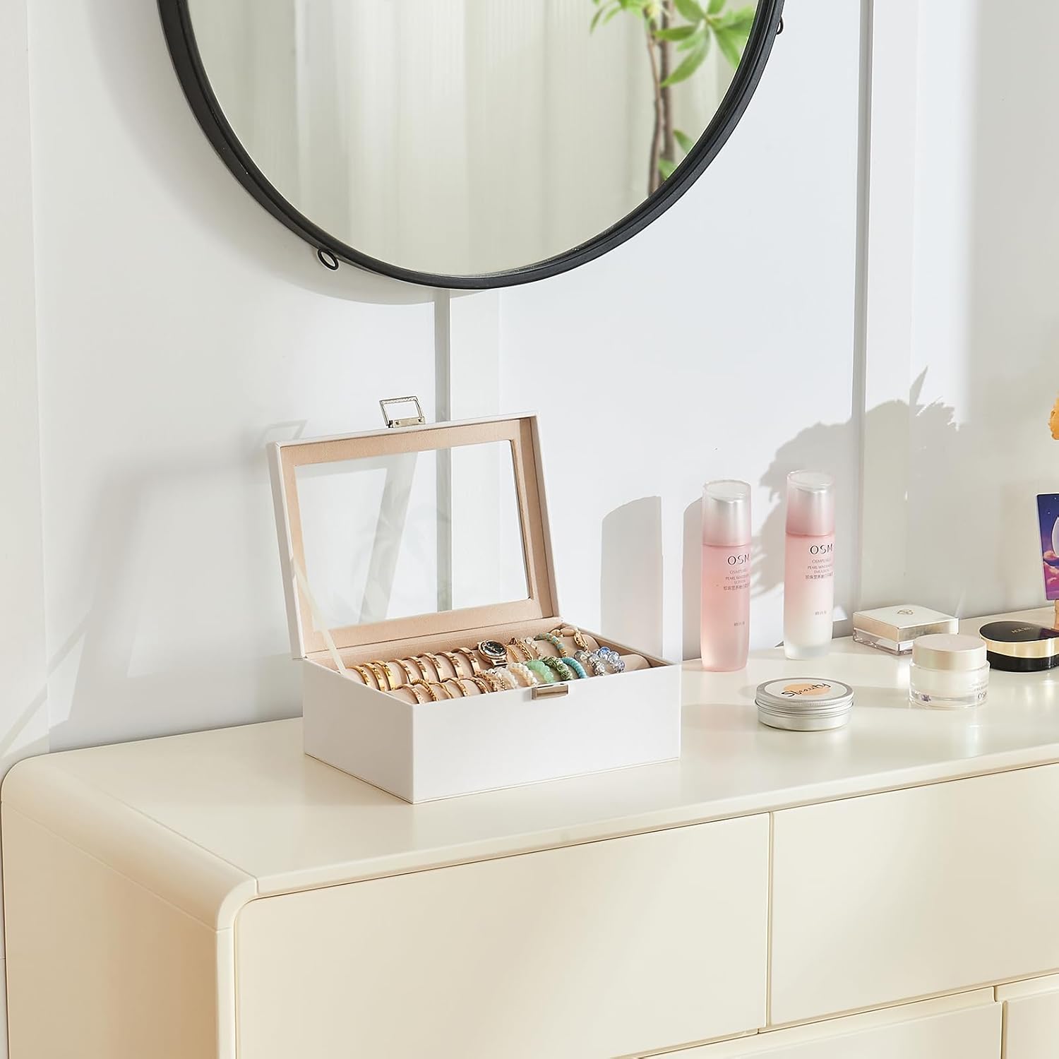 Lolalet Bracelet Display Holder with Rods for Bangles Watches, Clear Lid Jewelry Organizer Box Storage Case for Women Girls -White - Image 3