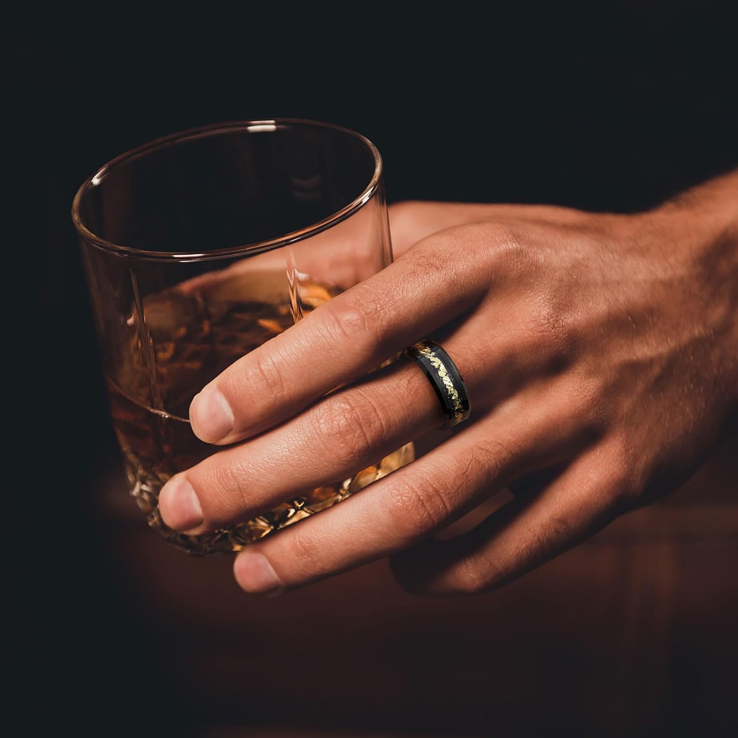 King Will NATURE Mens 8mm Black Tungsten Carbide Wedding Ring Black and Gold Foils Inlay Beveled Edge Polished Finish Wedding Band - Image 5