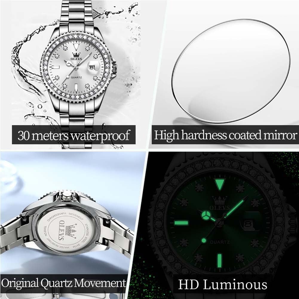 OLEVS Women's Classic Stainless Steel Watch with Date, Small Wrist Elegant Diamond Watches for Women, Waterproof Analog Quartz Women Watch - Image 5