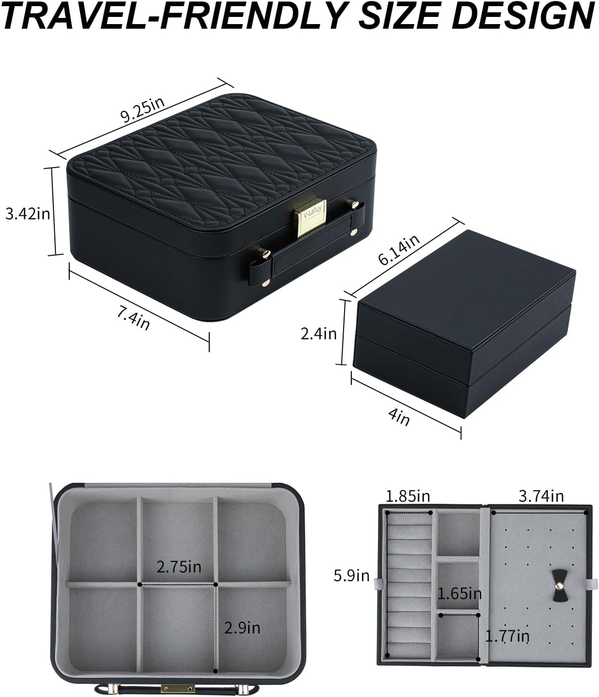 V-LAFUY Jewelry Box for Women, Travel Jewelry Organizer Case with Jewelry Tray for Rings Earrings Necklaces Bracelets Watches, Black - Image 7