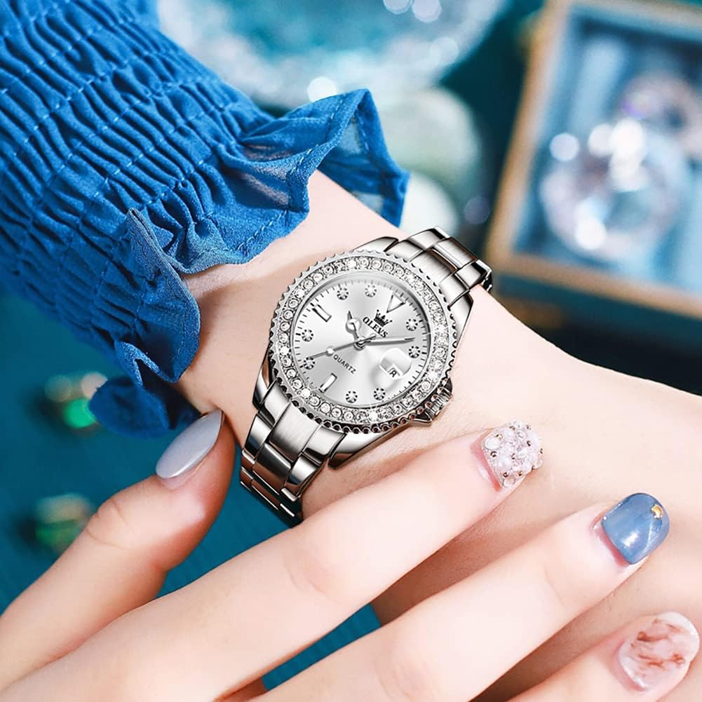OLEVS Women's Classic Stainless Steel Watch with Date, Small Wrist Elegant Diamond Watches for Women, Waterproof Analog Quartz Women Watch - Image 2