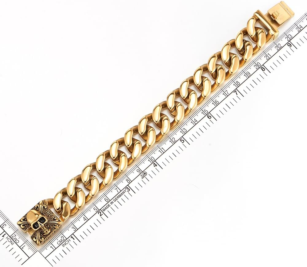 Mens Large Stainless Steel Curb Chain Bracelet with Fleur De Lis and Skull, Polished, Biker Gothic(CA) - Image 6