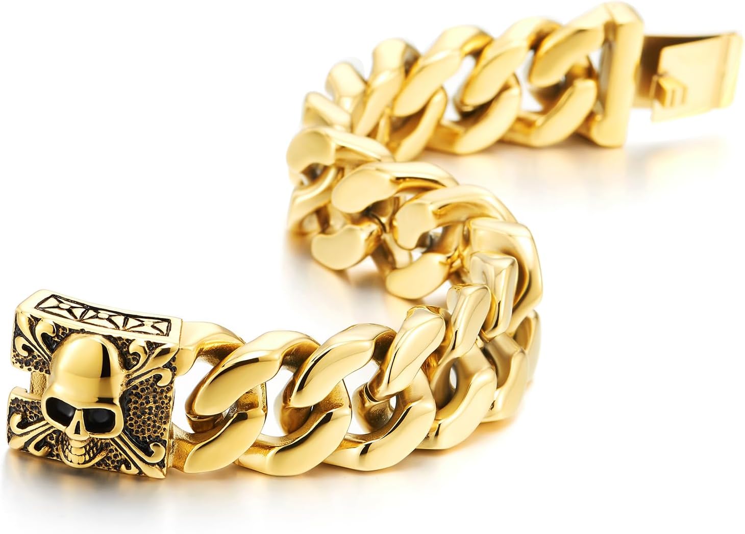 Mens Large Stainless Steel Curb Chain Bracelet with Fleur De Lis and Skull, Polished, Biker Gothic(CA) - Image 5