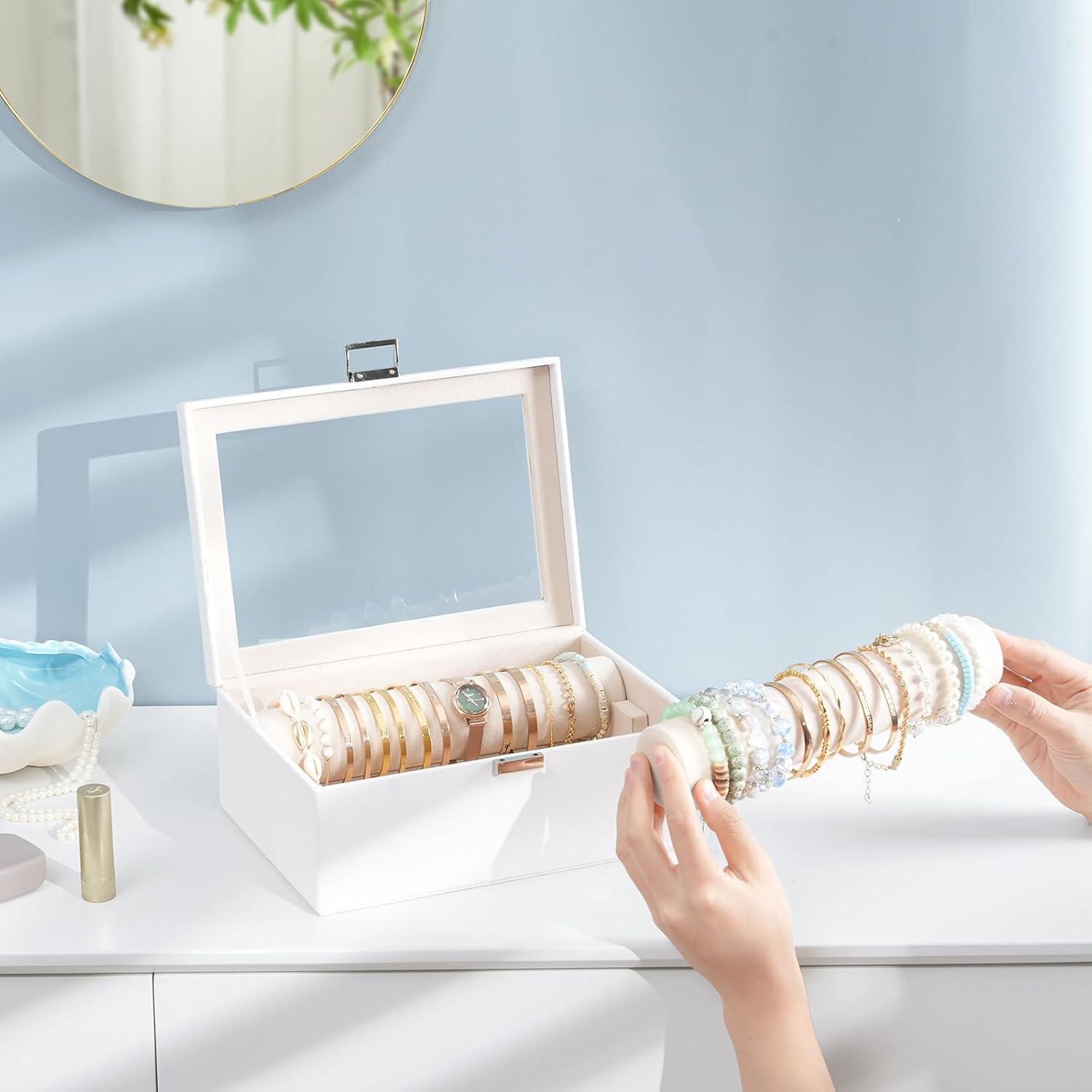 Lolalet Bracelet Display Holder with Rods for Bangles Watches, Clear Lid Jewelry Organizer Box Storage Case for Women Girls -White - Image 6