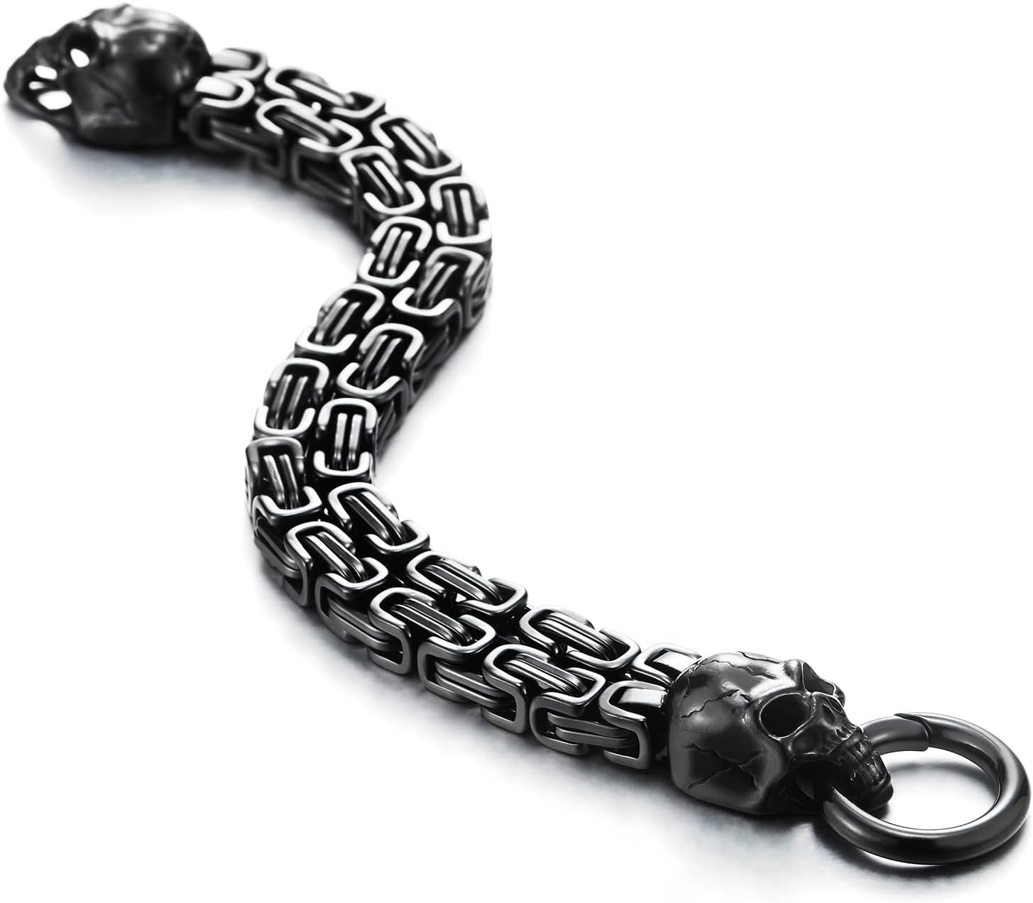 Mens Stainless Steel Two-strand Braided Byzantine Chain Bracelet with Skulls and Spring Ring Clasp - Image 5