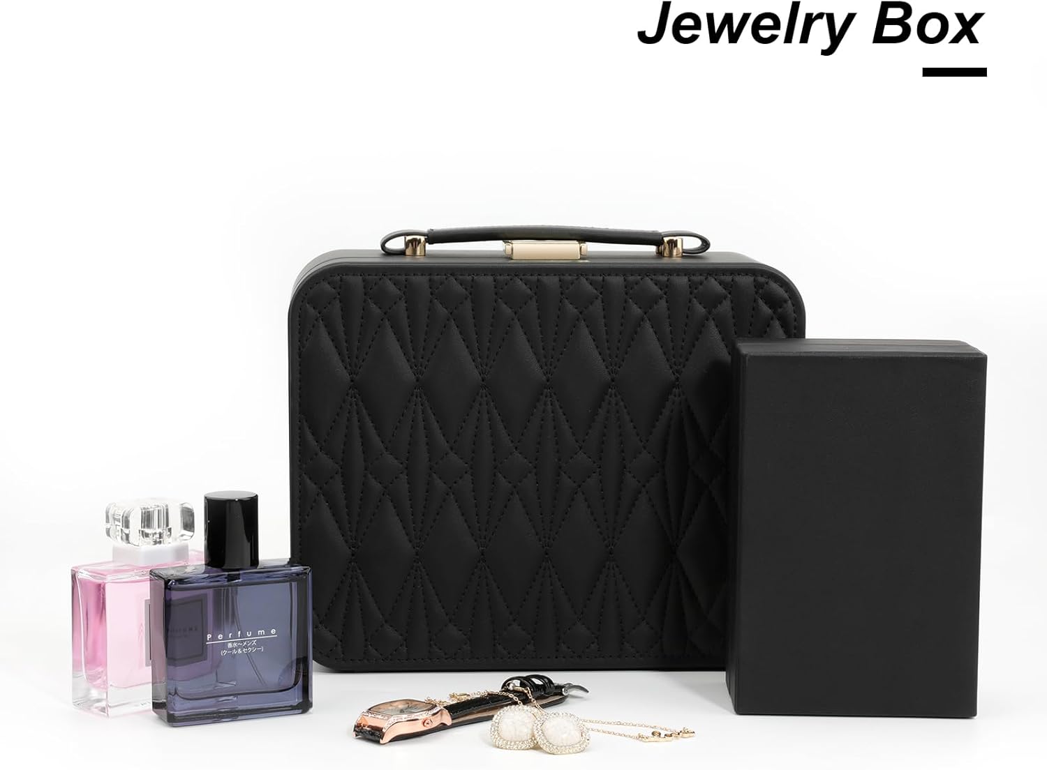 V-LAFUY Jewelry Box for Women, Travel Jewelry Organizer Case with Jewelry Tray for Rings Earrings Necklaces Bracelets Watches, Black - Image 3