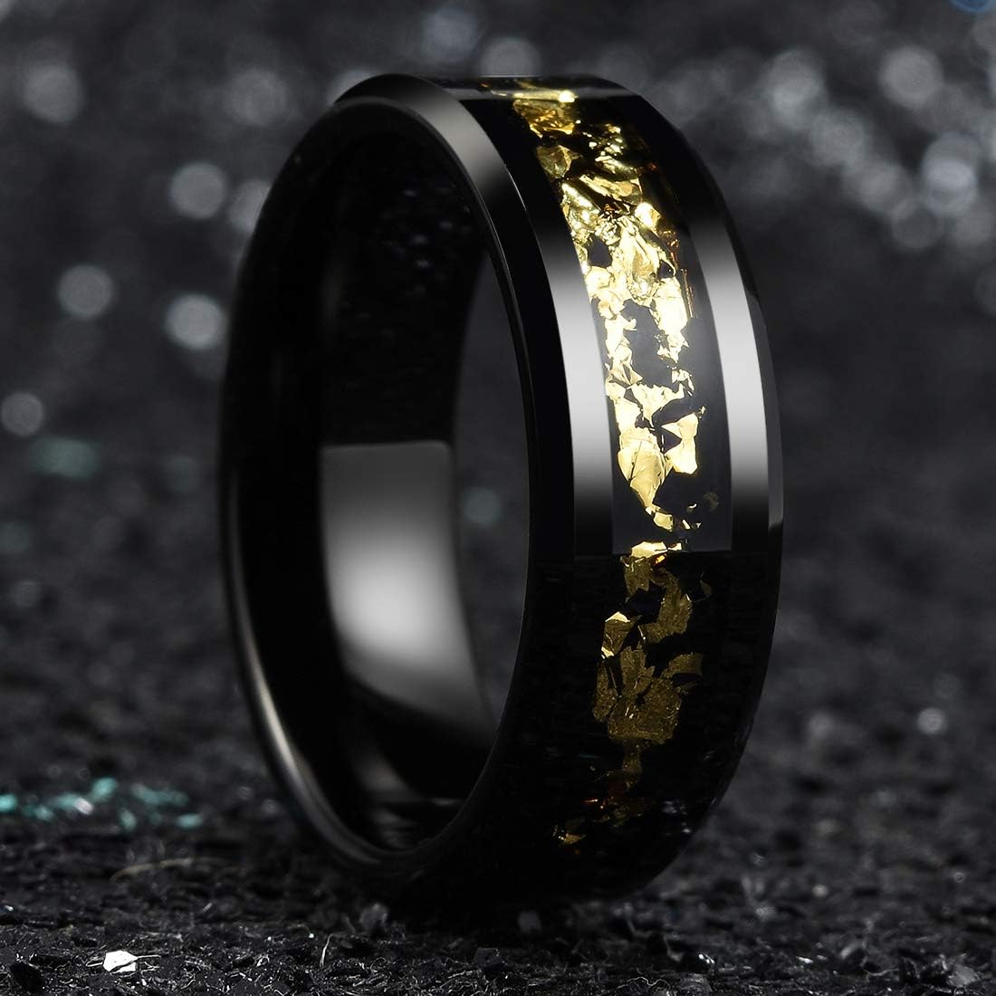 King Will NATURE Mens 8mm Black Tungsten Carbide Wedding Ring Black and Gold Foils Inlay Beveled Edge Polished Finish Wedding Band - Image 3