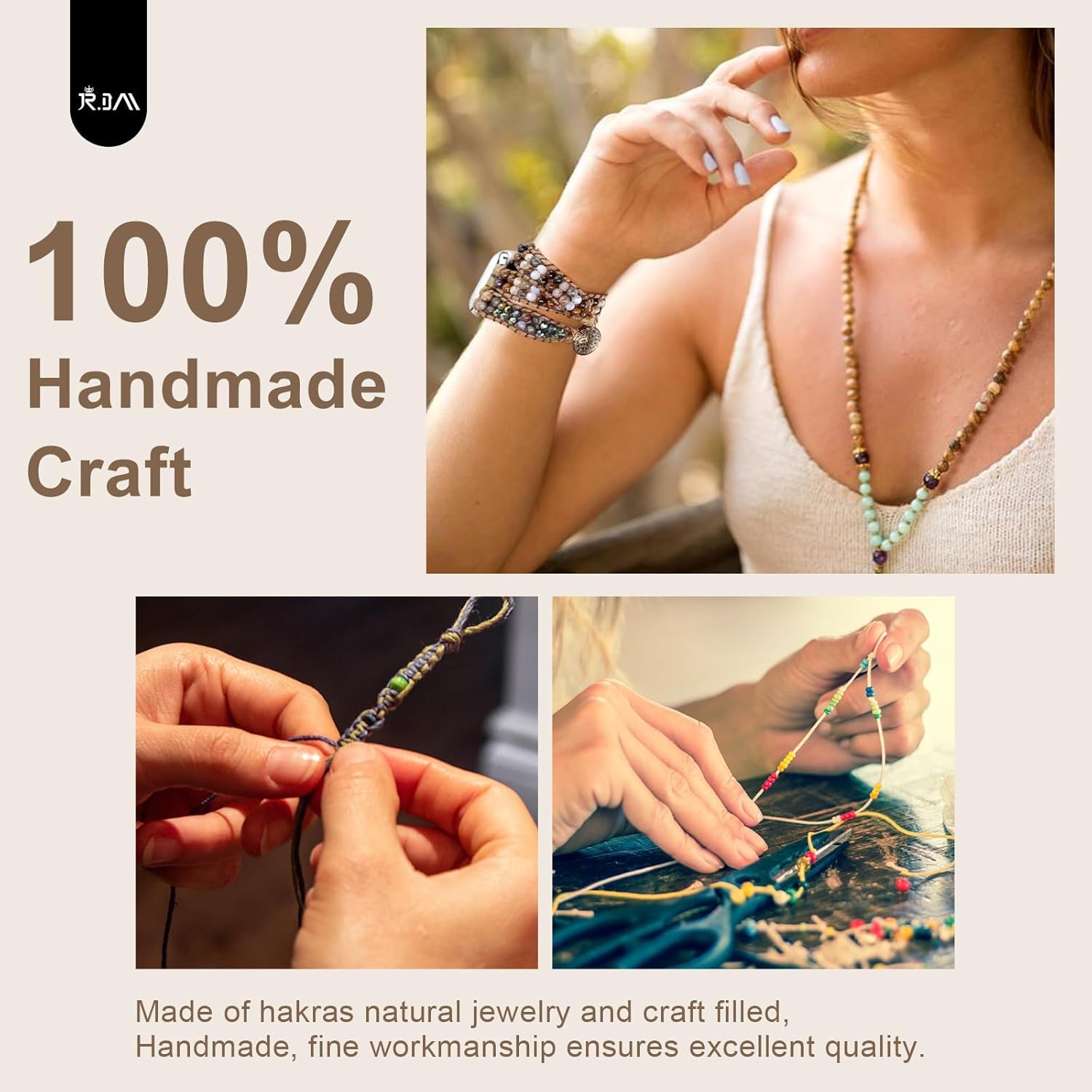 JR.DM Boho Beaded Watch Bands for Women Compatible with Apple Watch Band 38mm 40mm 41mm Brown Stone Bracelets Adjustable Handmade Braided Rope Watch Strap for iWatch Series 9/8/7/6/5/4/3/2/1/SE/Ultra - Image 3