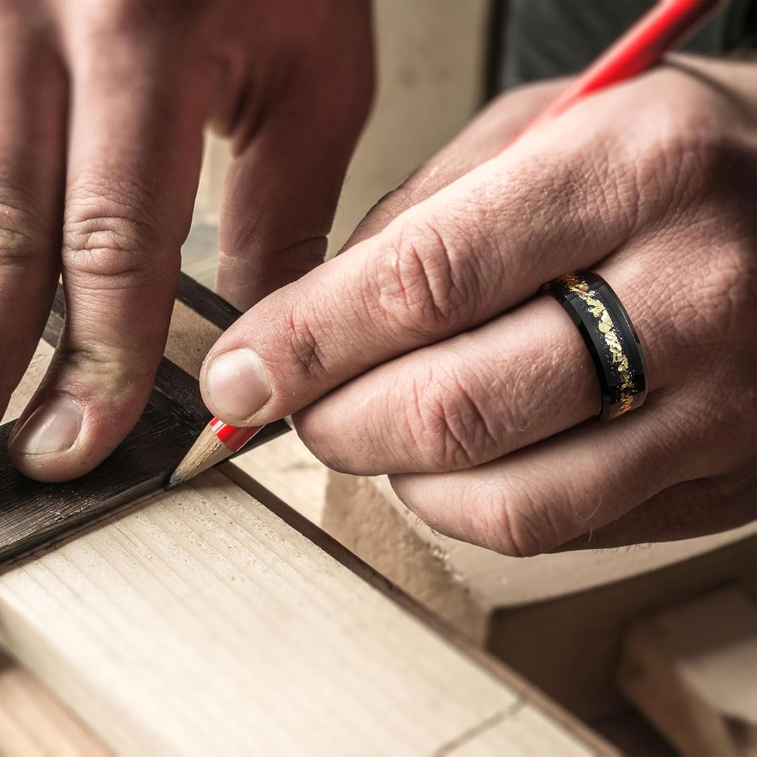 King Will NATURE Mens 8mm Black Tungsten Carbide Wedding Ring Black and Gold Foils Inlay Beveled Edge Polished Finish Wedding Band - Image 4