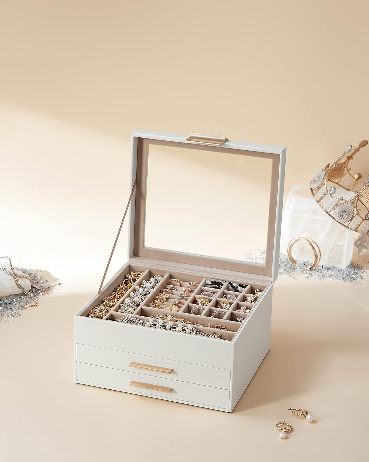 SONGMICS Jewelry Box Organizer with Glass Lid, 3-Layer Jewelry Storage, with 2 Drawers, Modern Style, 20.3 x 23.1 x 13.5 cm, Cloud White and Gold Color UJBC239WT - Image 8