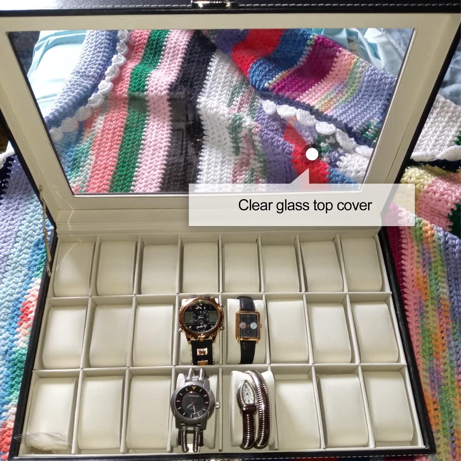 Artilife 24 slot watch box,24 Slots Watch Display Case Glass Top for Men PU Leather Display Storage Collection Organizer Jewelry Case with Removable Pillows - Image 4