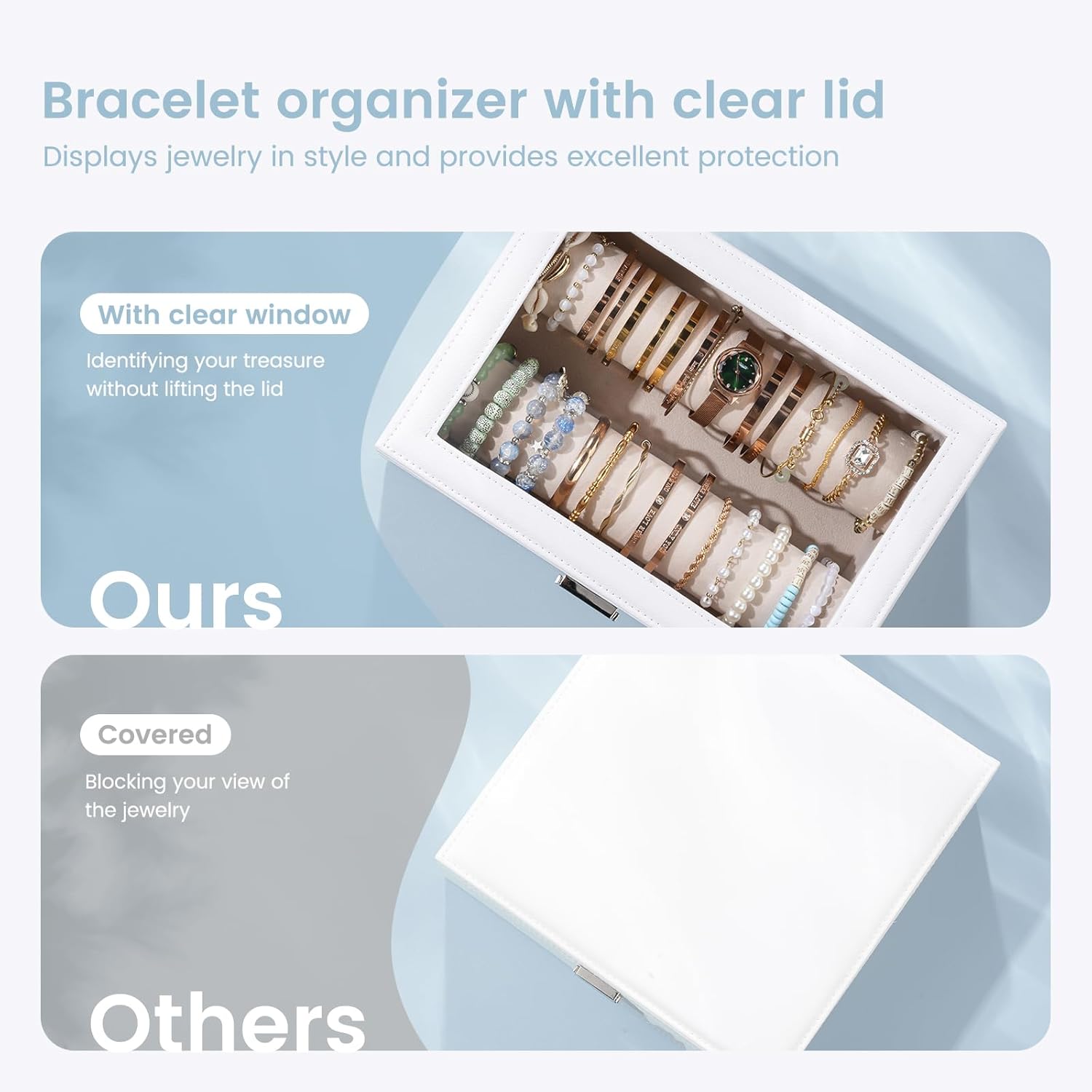 Lolalet Bracelet Display Holder with Rods for Bangles Watches, Clear Lid Jewelry Organizer Box Storage Case for Women Girls -White - Image 2