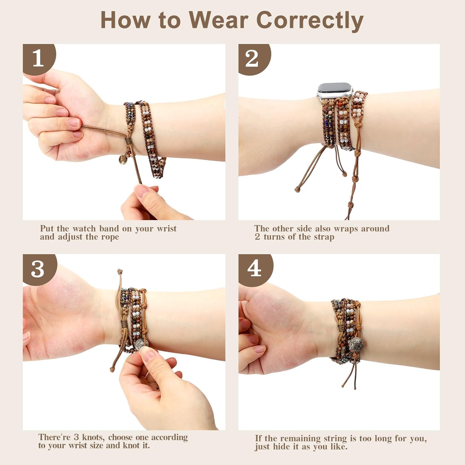 JR.DM Boho Beaded Watch Bands for Women Compatible with Apple Watch Band 38mm 40mm 41mm Brown Stone Bracelets Adjustable Handmade Braided Rope Watch Strap for iWatch Series 9/8/7/6/5/4/3/2/1/SE/Ultra - Image 7