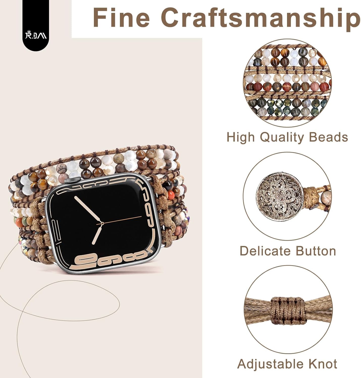 JR.DM Boho Beaded Watch Bands for Women Compatible with Apple Watch Band 38mm 40mm 41mm Brown Stone Bracelets Adjustable Handmade Braided Rope Watch Strap for iWatch Series 9/8/7/6/5/4/3/2/1/SE/Ultra - Image 5