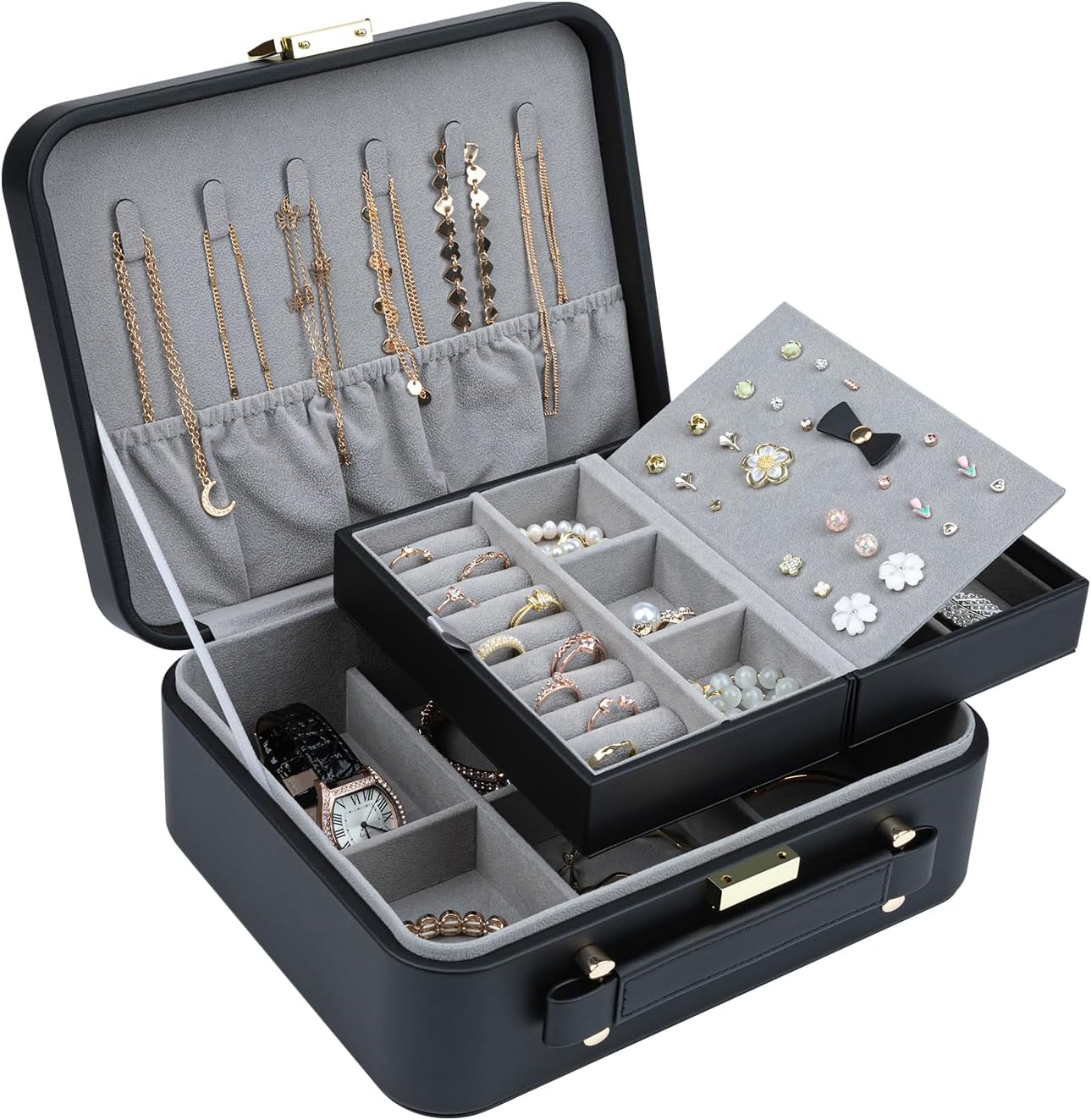 V-LAFUY Jewelry Box for Women, Travel Jewelry Organizer Case with Jewelry Tray for Rings Earrings Necklaces Bracelets Watches, Black - Image 2