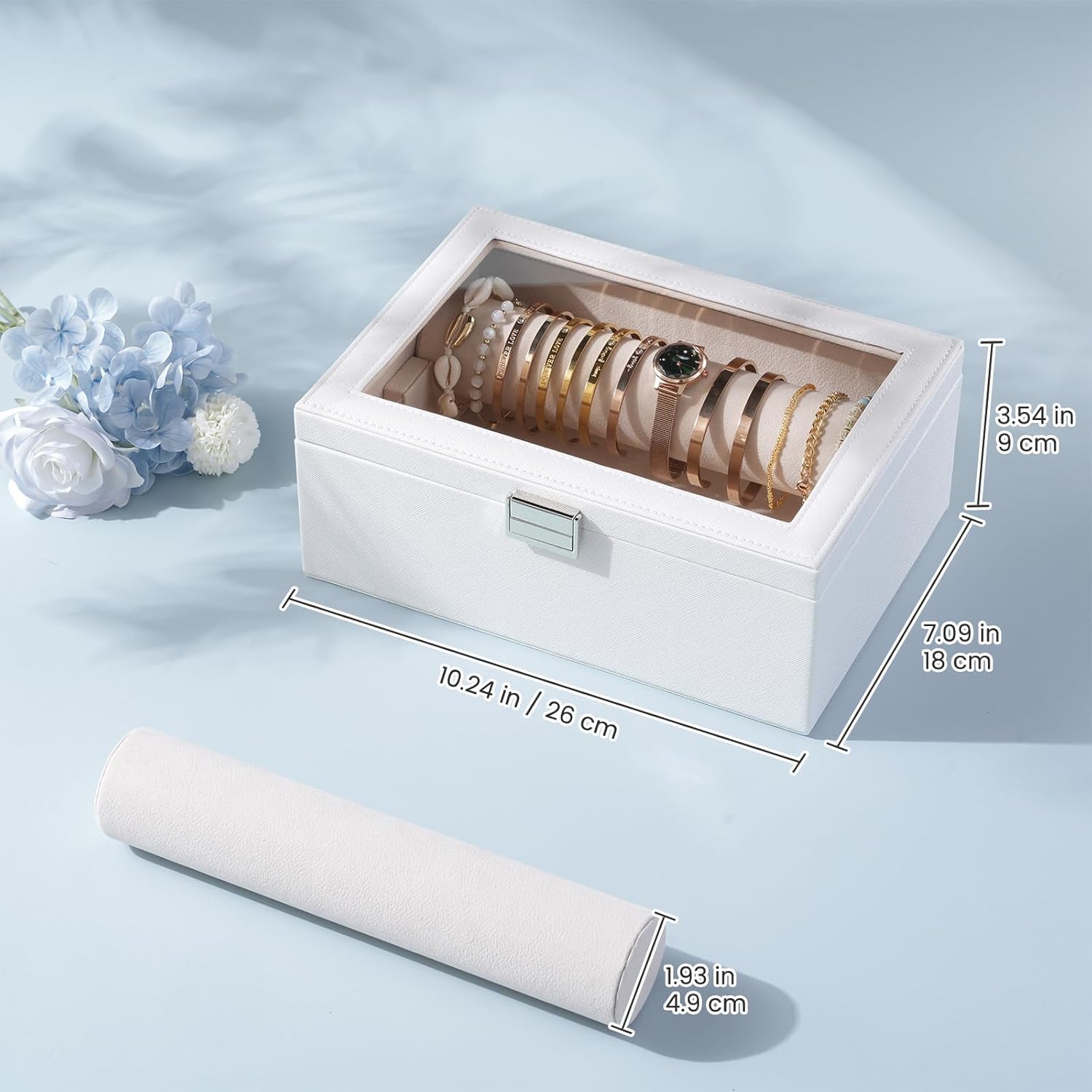 Lolalet Bracelet Display Holder with Rods for Bangles Watches, Clear Lid Jewelry Organizer Box Storage Case for Women Girls -White - Image 5