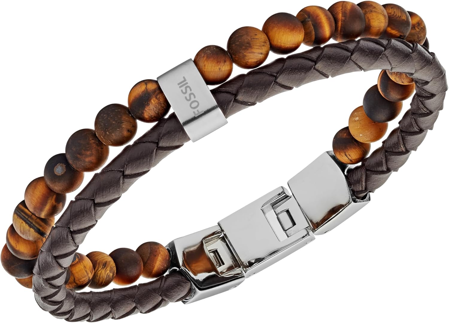 Fossil Men's Stainless Steel and Genuine Leather Beaded Bracelet - Image 2