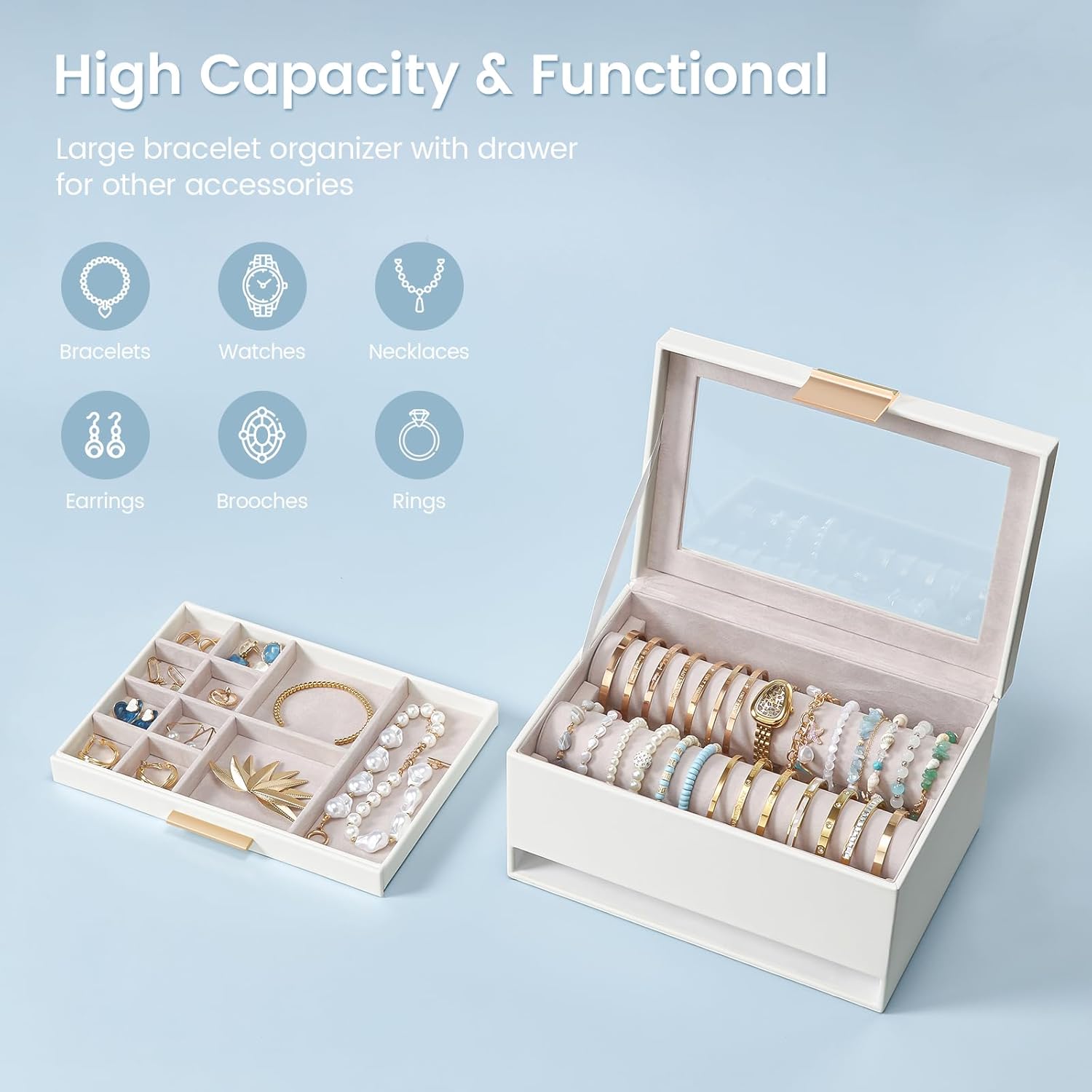 Lolalet Bracelet Holder Organizer with Clear Lid and Drawer, Bangle Storage Box Jewelry Display Holder for Watches, Jewellery Case for Women -White - Image 3