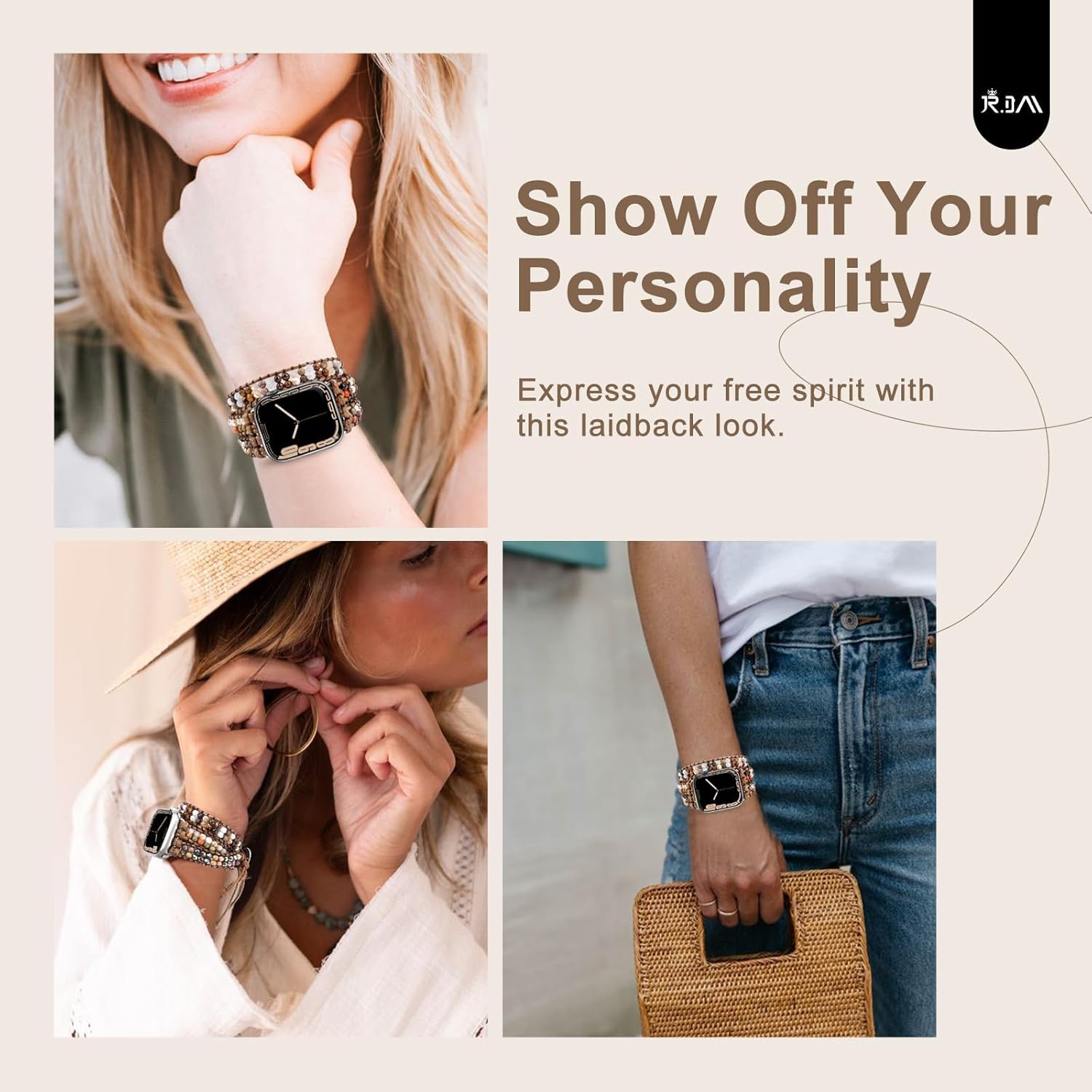 JR.DM Boho Beaded Watch Bands for Women Compatible with Apple Watch Band 38mm 40mm 41mm Brown Stone Bracelets Adjustable Handmade Braided Rope Watch Strap for iWatch Series 9/8/7/6/5/4/3/2/1/SE/Ultra - Image 4