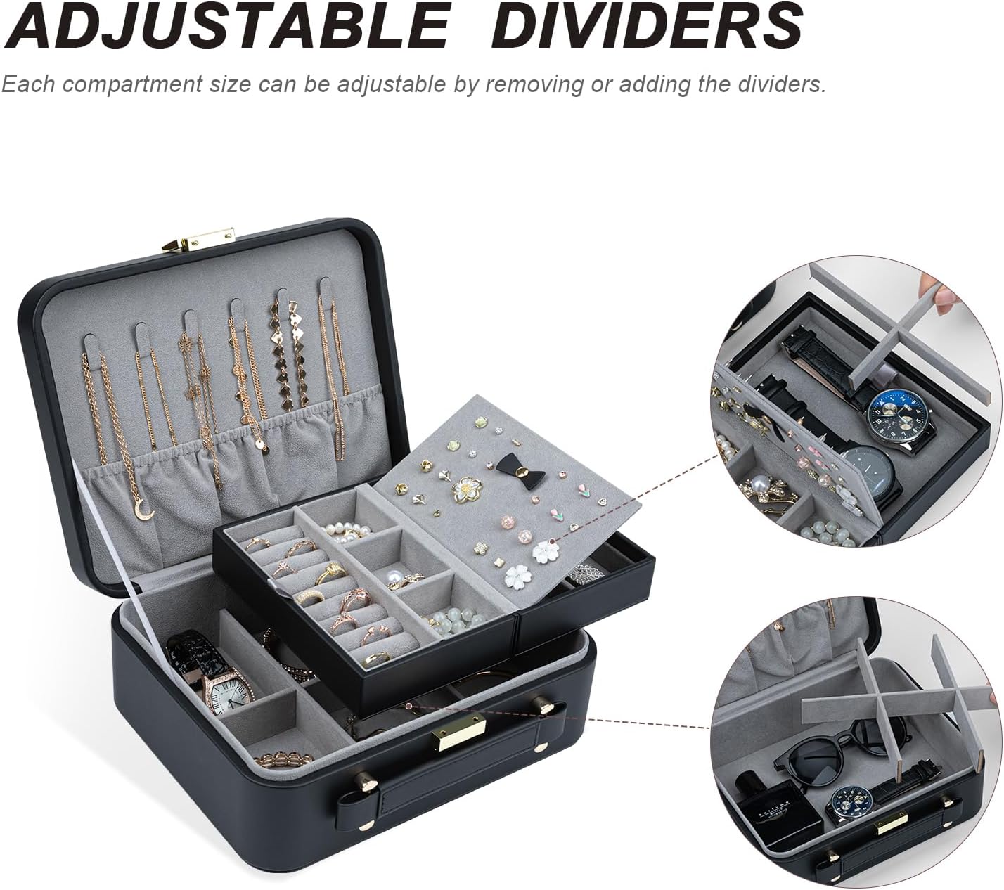 V-LAFUY Jewelry Box for Women, Travel Jewelry Organizer Case with Jewelry Tray for Rings Earrings Necklaces Bracelets Watches, Black - Image 6