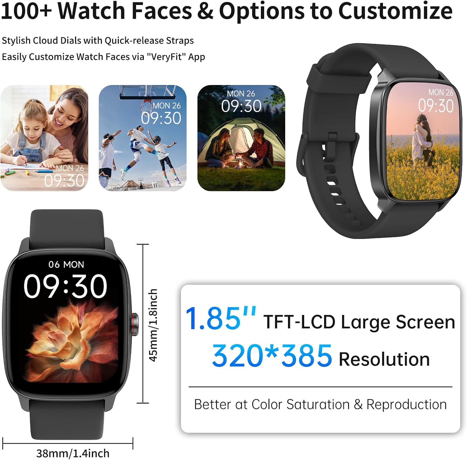 Smart Watch for Men Women, IP68 Waterproof, Bluetooth Calling, Fitness Tracker, Sleep Monitoring, 1.85'' DIY Dial, AI Built-in, 100+ Sports Modes, 7 Days Battery, Compatible with Android & iPhones - Image 9