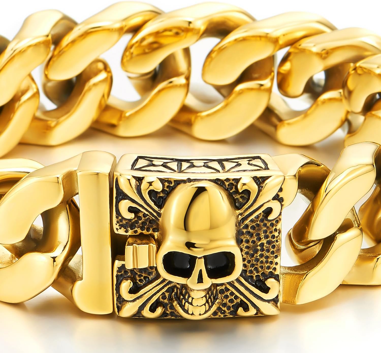 Mens Large Stainless Steel Curb Chain Bracelet with Fleur De Lis and Skull, Polished, Biker Gothic(CA) - Image 3