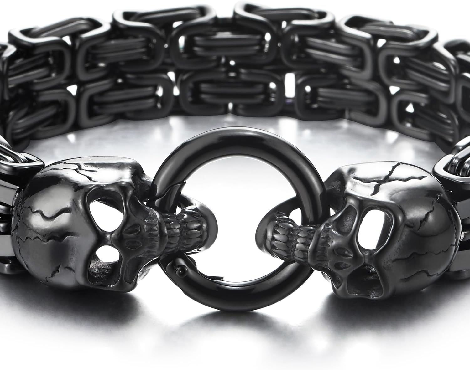 Mens Stainless Steel Two-strand Braided Byzantine Chain Bracelet with Skulls and Spring Ring Clasp - Image 3
