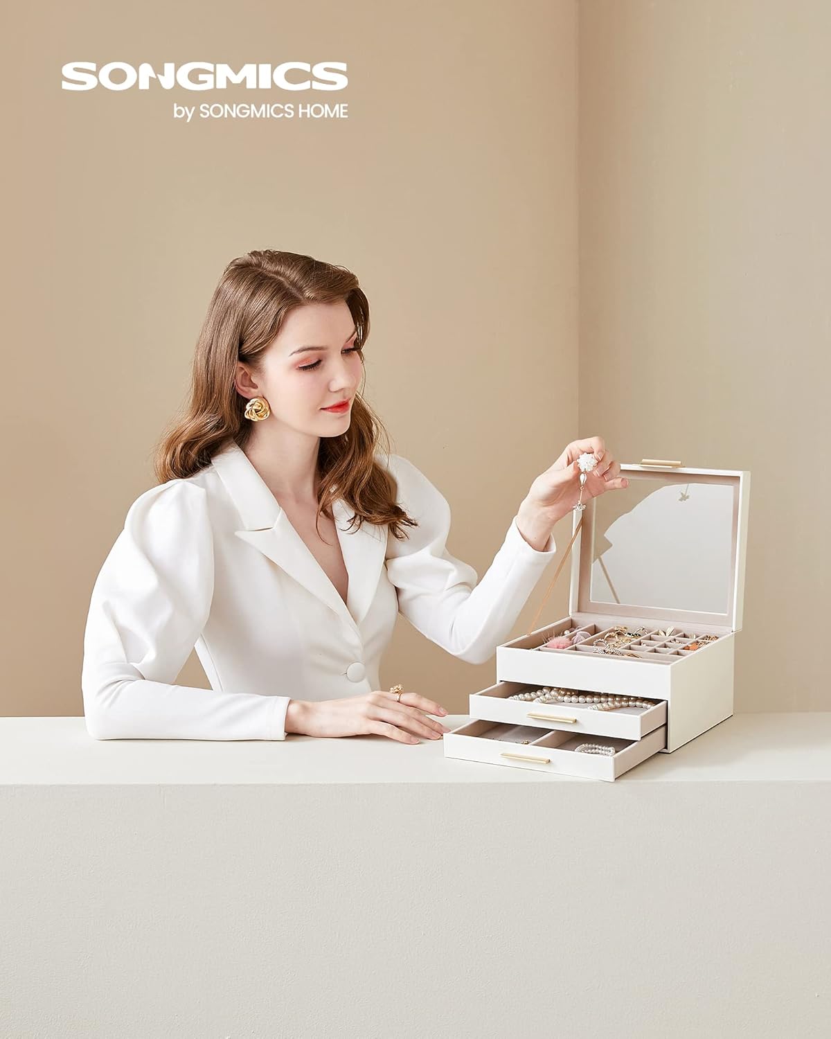 SONGMICS Jewelry Box Organizer with Glass Lid, 3-Layer Jewelry Storage, with 2 Drawers, Modern Style, 20.3 x 23.1 x 13.5 cm, Cloud White and Gold Color UJBC239WT - Image 4