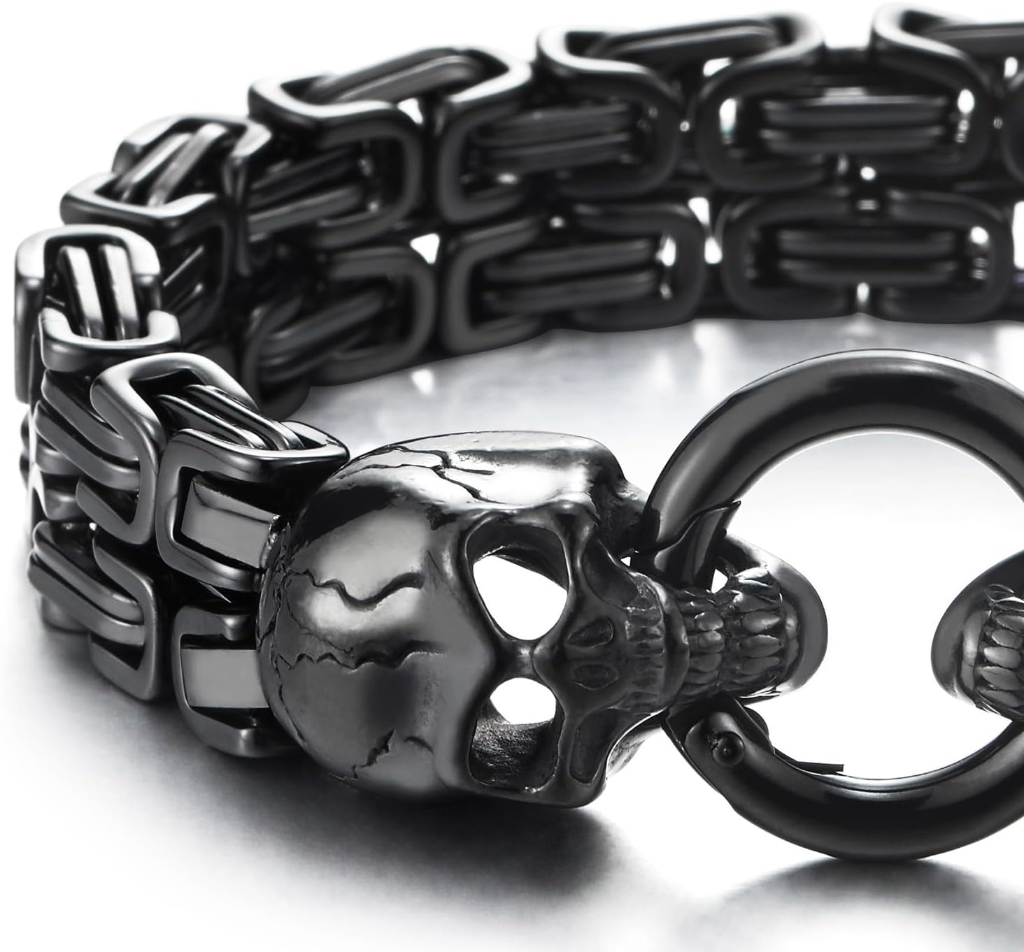 Mens Stainless Steel Two-strand Braided Byzantine Chain Bracelet with Skulls and Spring Ring Clasp - Image 4