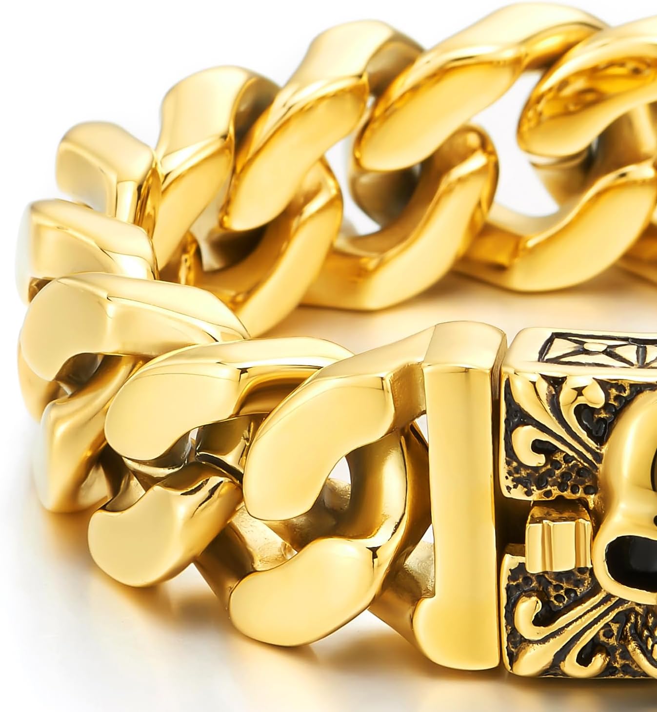 Mens Large Stainless Steel Curb Chain Bracelet with Fleur De Lis and Skull, Polished, Biker Gothic(CA) - Image 4