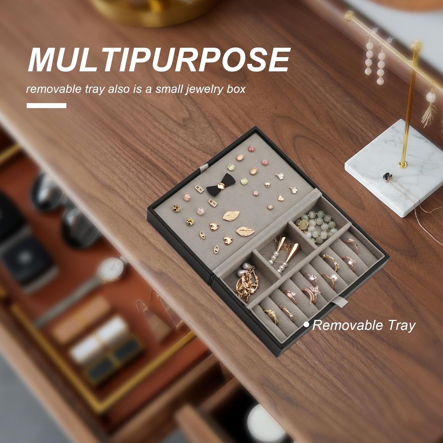 V-LAFUY Jewelry Box for Women, Travel Jewelry Organizer Case with Jewelry Tray for Rings Earrings Necklaces Bracelets Watches, Black - Image 9