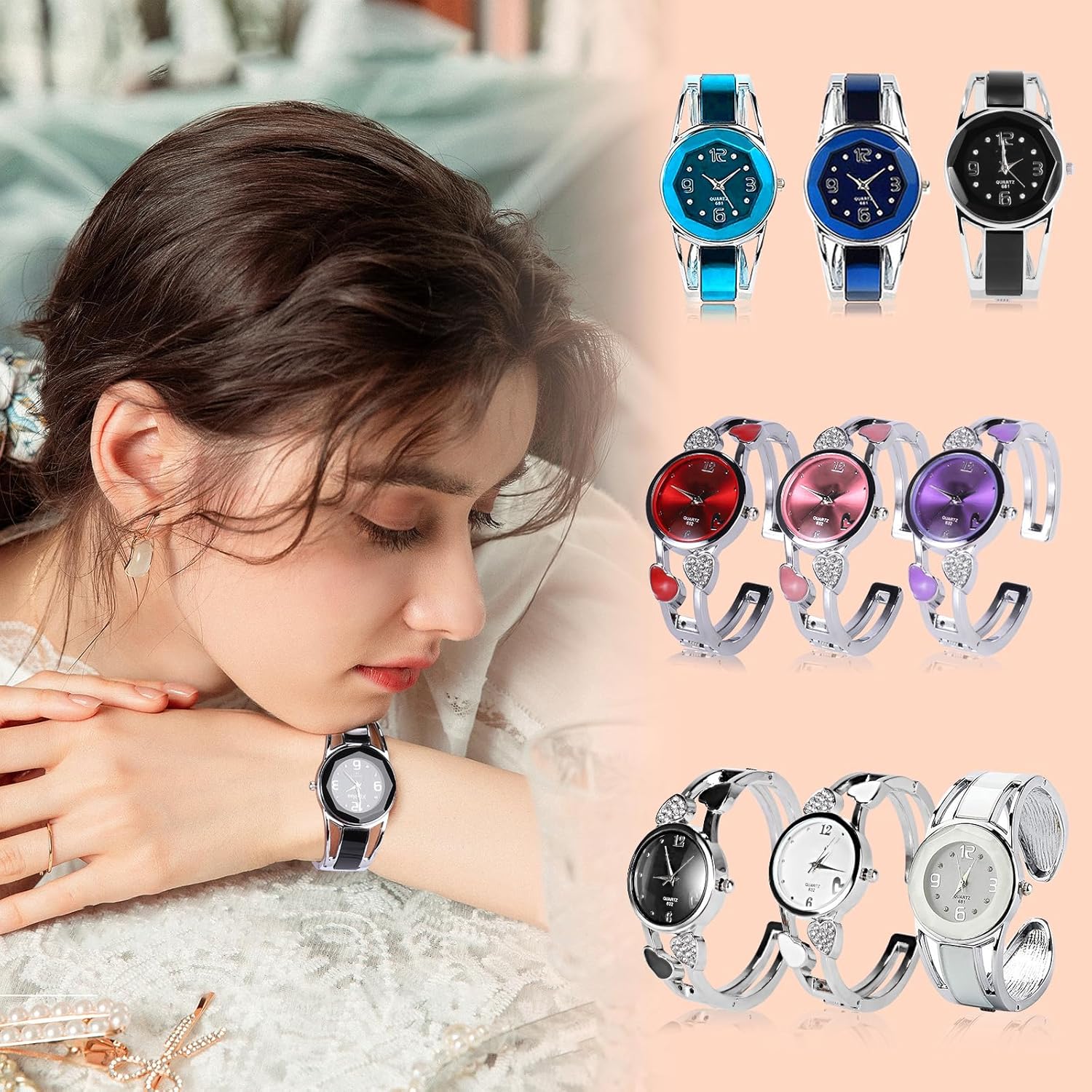Women Bangle Watch Bracelet Quartz with Rhinestone Round Dial Stainless Steel Band Wrist Ladies Watches with Womens Watch Box - Image 7