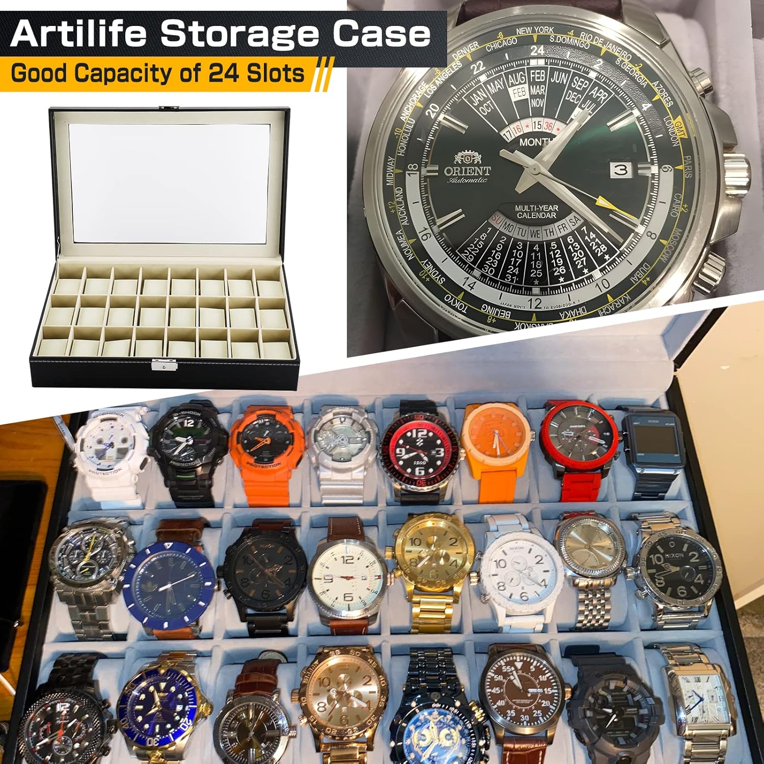 Artilife 24 slot watch box,24 Slots Watch Display Case Glass Top for Men PU Leather Display Storage Collection Organizer Jewelry Case with Removable Pillows - Image 2