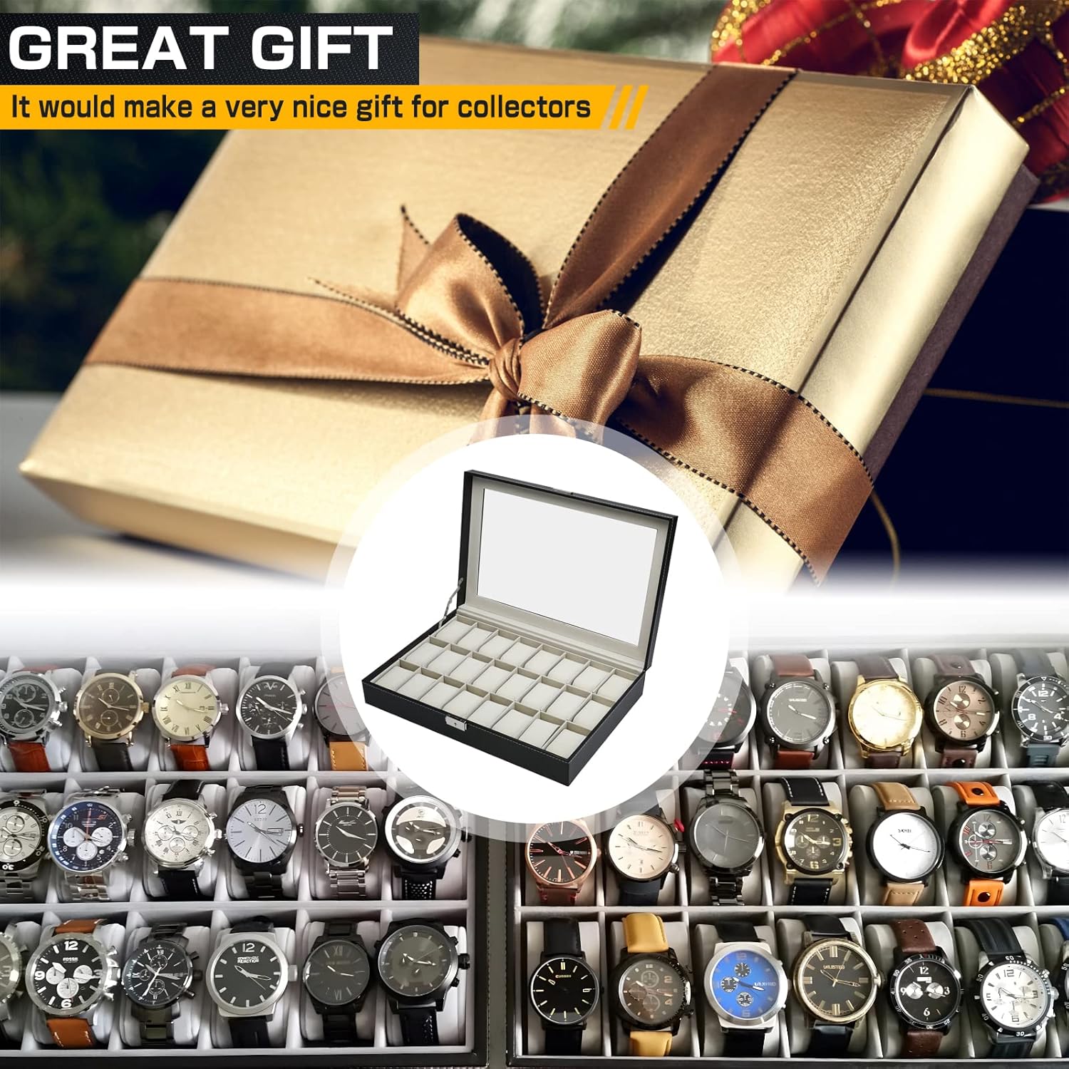 Artilife 24 slot watch box,24 Slots Watch Display Case Glass Top for Men PU Leather Display Storage Collection Organizer Jewelry Case with Removable Pillows - Image 5