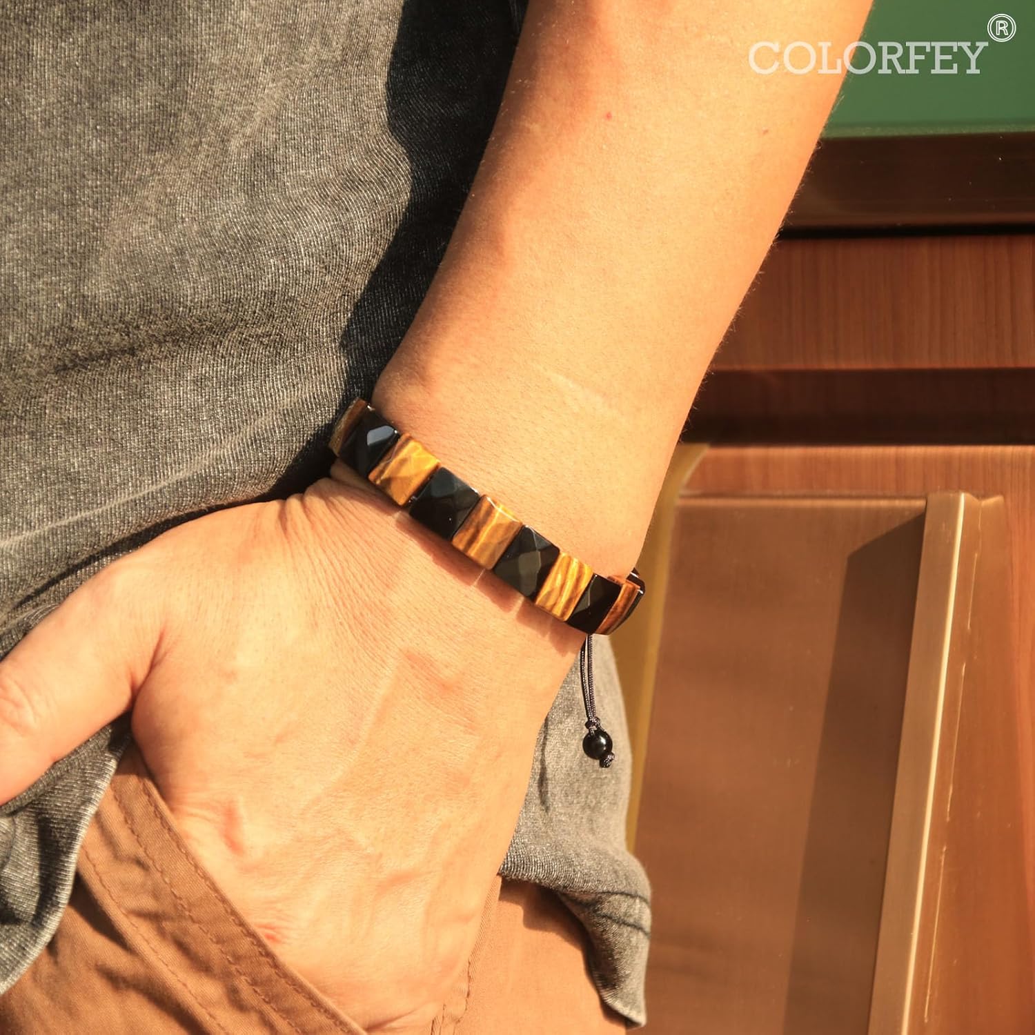 Protection Crystals Beaded Bracelets for Men - COLORFEY Men Bracelet Healing Tiger Eye Black Obsidian Stone Bracelet Unique Gift for Men, Drawstring Real Crystal Bracelet for Men Handmade Gift for Him - Image 2