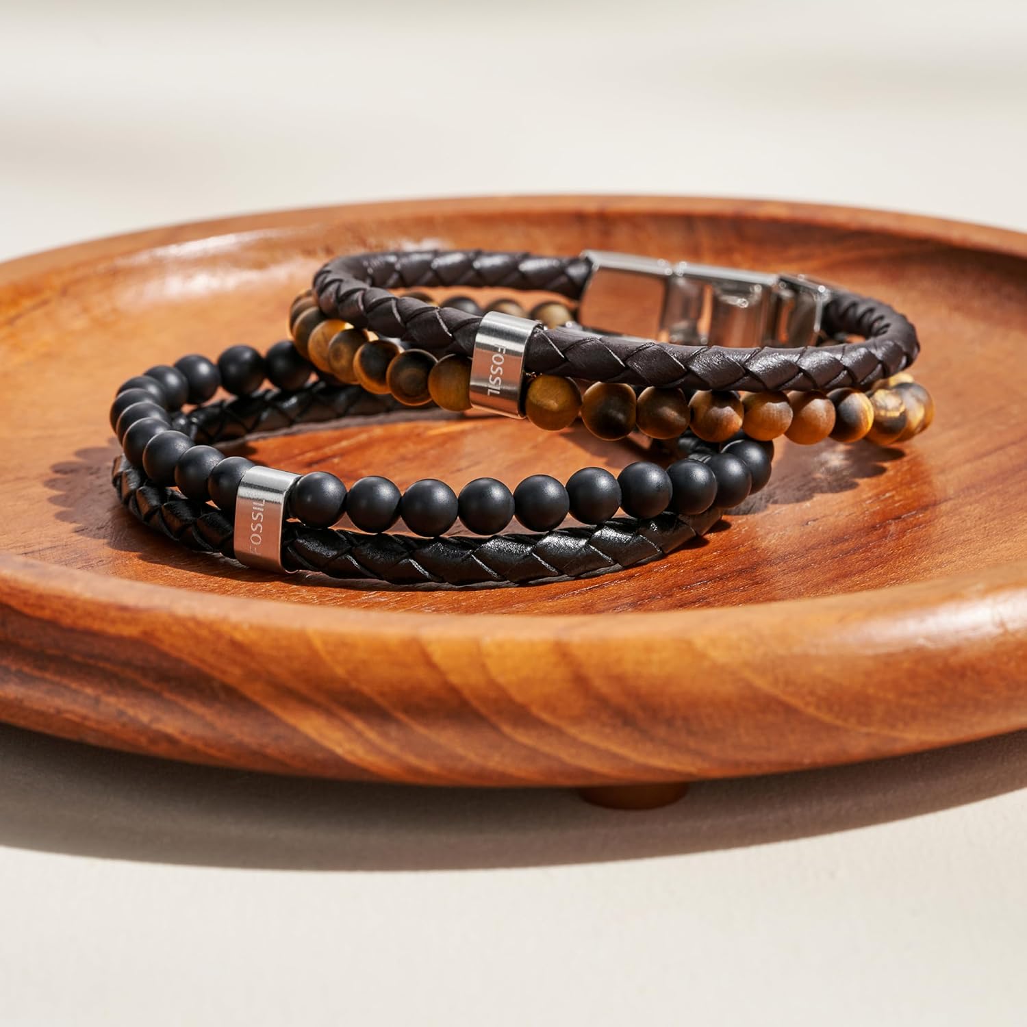 Fossil Men's Stainless Steel and Genuine Leather Beaded Bracelet - Image 6