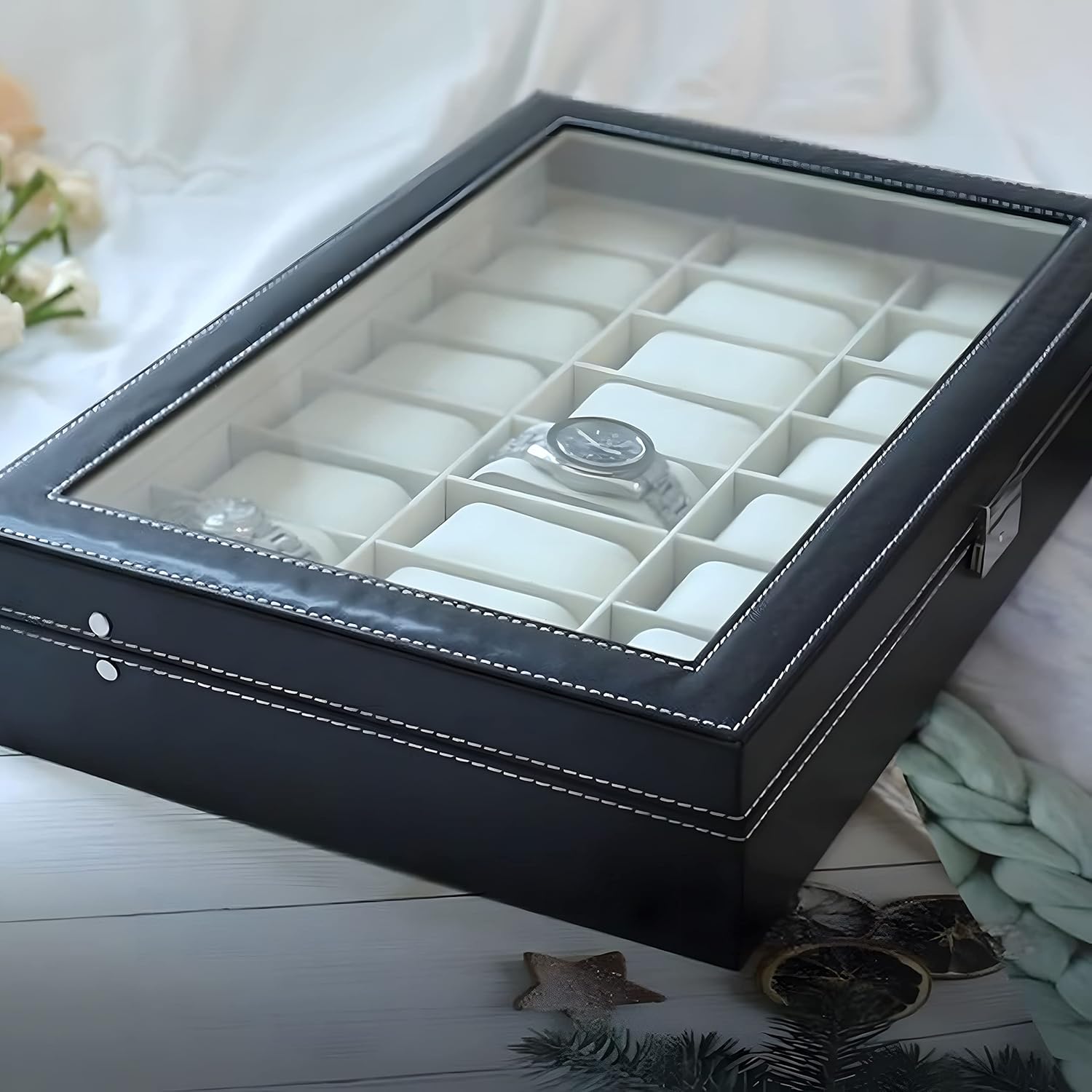 Artilife 24 slot watch box,24 Slots Watch Display Case Glass Top for Men PU Leather Display Storage Collection Organizer Jewelry Case with Removable Pillows - Image 7