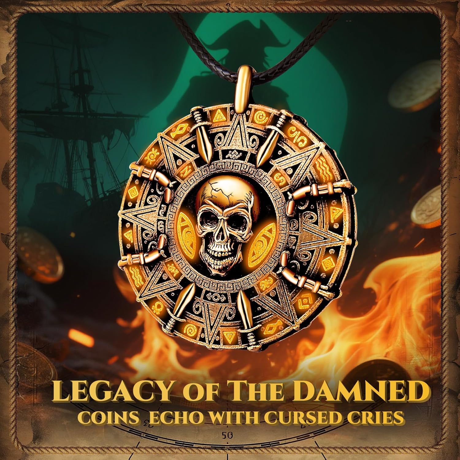 UNKENBO® Pirate Necklace for Men and Women, Antique Brass Pirate Accessories, Pirate Costume Women Men, Pirate Medallion Necklace, The Only Authentic Double-Sided Pirate Jewelry Coin Replica - Image 3