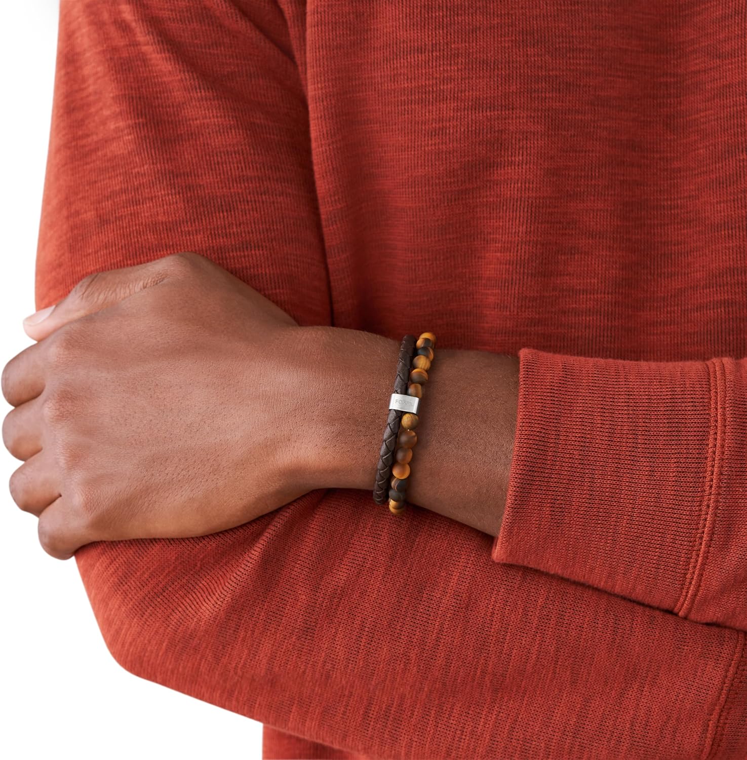 Fossil Men's Stainless Steel and Genuine Leather Beaded Bracelet - Image 3