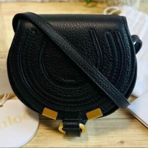 Chloe Marcie Saddle Bag Shoulder Bag Leather Logo Black USED Auth #S2470