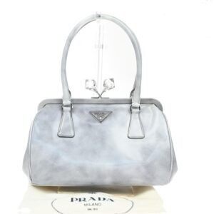 PRADA Grigio Spazzolato Leather Crystal Kiss‑Lock Frame Hand Bag Gray 87CA035