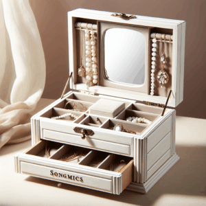 SONGMICS Jewelry Box, 3-Tier Wooden Jewelry Case, Jewelry Organizer with Large Mirror, White UJOW03W SONGMICS Jewelry Box, 3-Tier Wooden Jewelry Case, Jewelry Organizer with Large Mirror, White UJOW03W